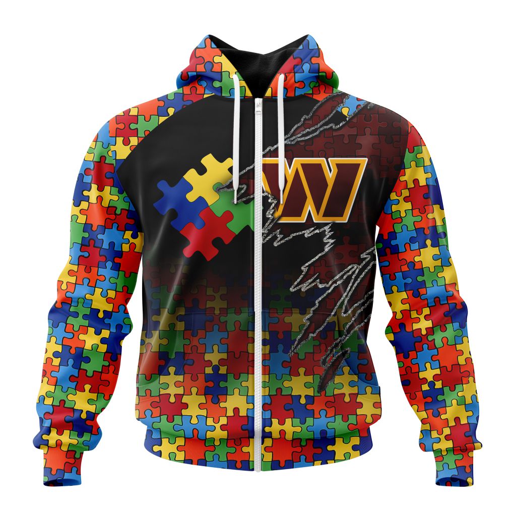 Nfl Washington Commanders Custom Name Number Autism Awareness Design Zip Up Hoodie