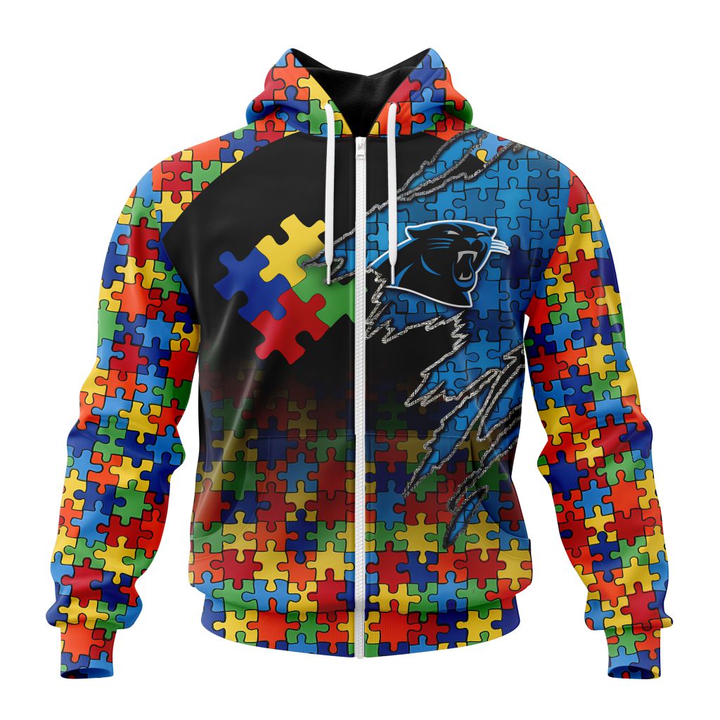 Nfl Carolina Panthers Custom Name Number Autism Awareness Design Zip Up Hoodie