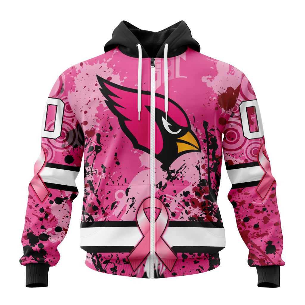 Nfl Arizona Cardinals Custom Name Number Pink Breast Cancer Zip Up Hoodie