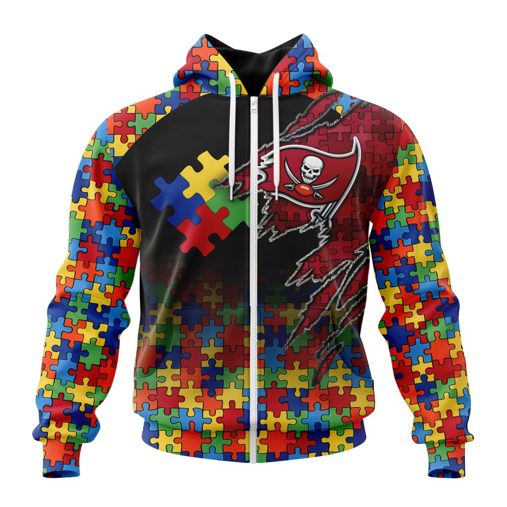 Nfl Tampa Bay Buccaneers Custom Name Number Autism Awareness Design Zip Up Hoodie