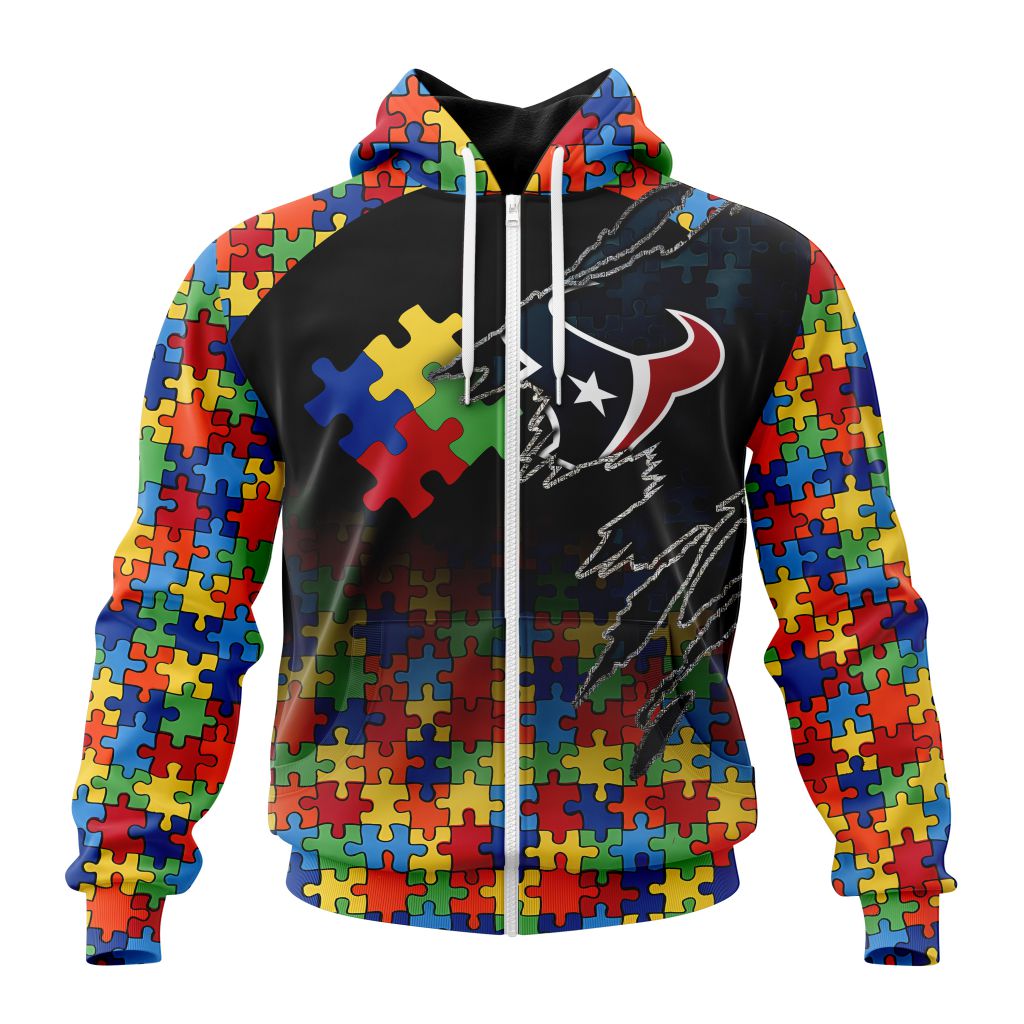 Nfl Houston Texans Custom Name Number Autism Awareness Design Zip Up Hoodie