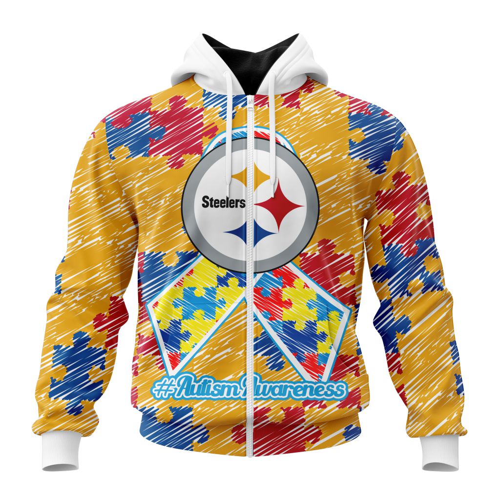 Nfl Pittsburgh Steelers Custom Name Number Puzzle Autism Awareness Zip Up Hoodie