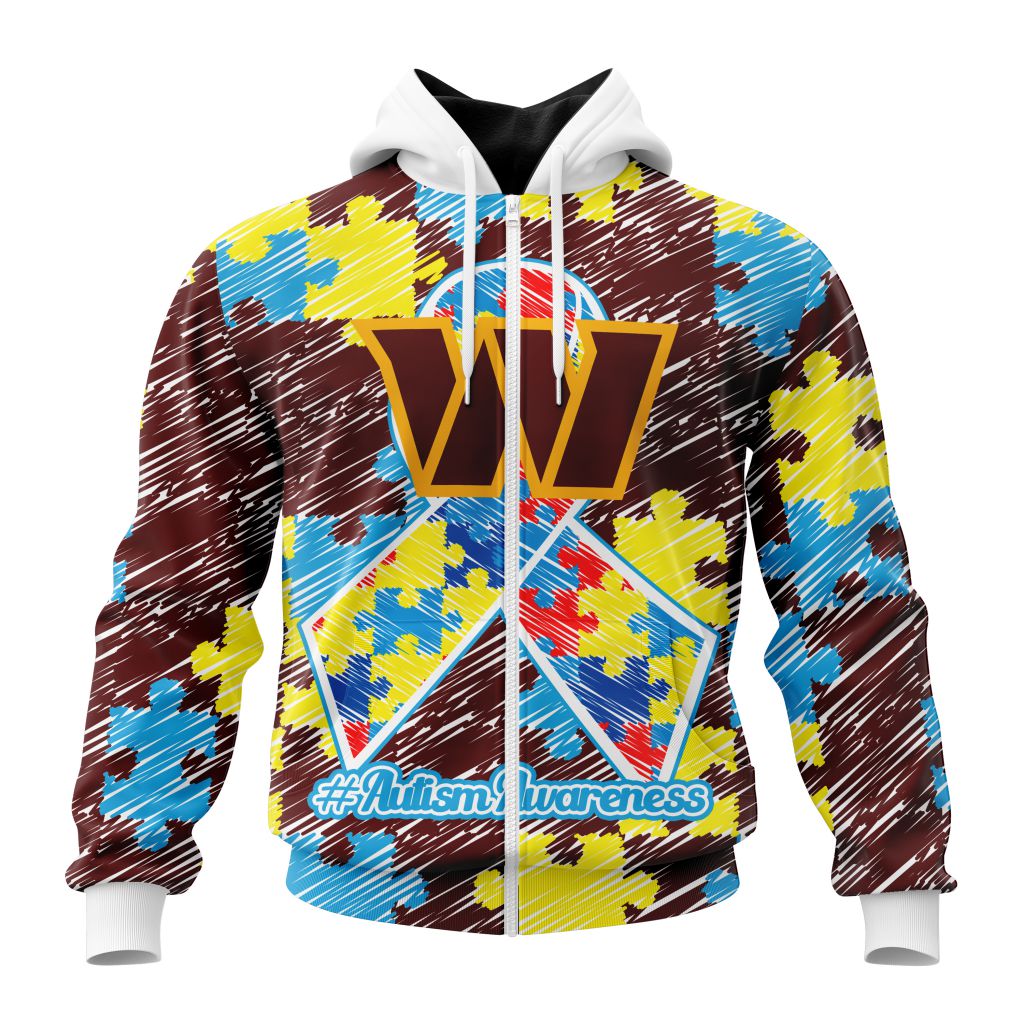 Nfl Washington Commanders Custom Name Number Puzzle Autism Awareness Zip Up Hoodie