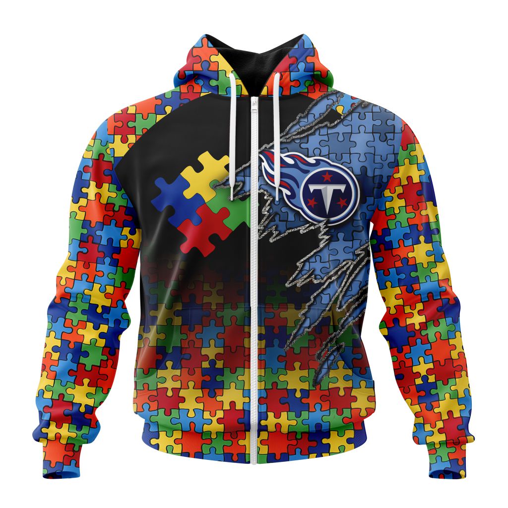 Nfl Tennessee Titans Custom Name Number Autism Awareness Design Zip Up Hoodie