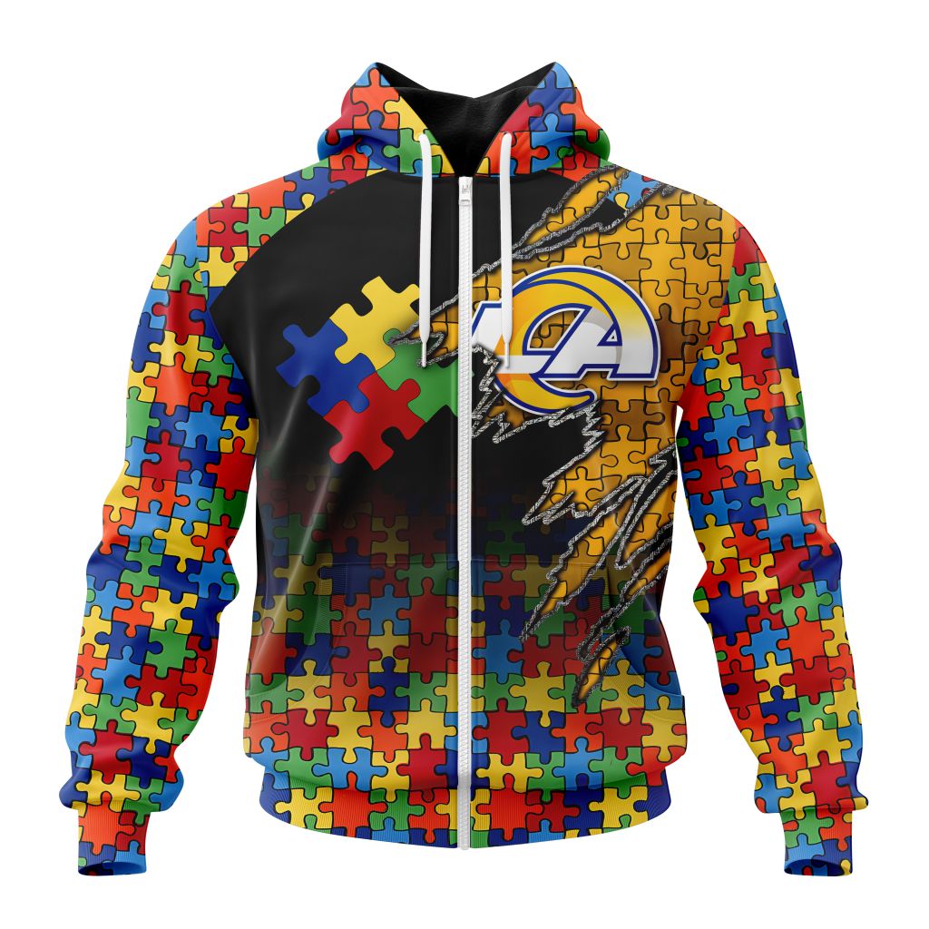 Nfl Los Angeles Rams Custom Name Number Autism Awareness Design Zip Up Hoodie