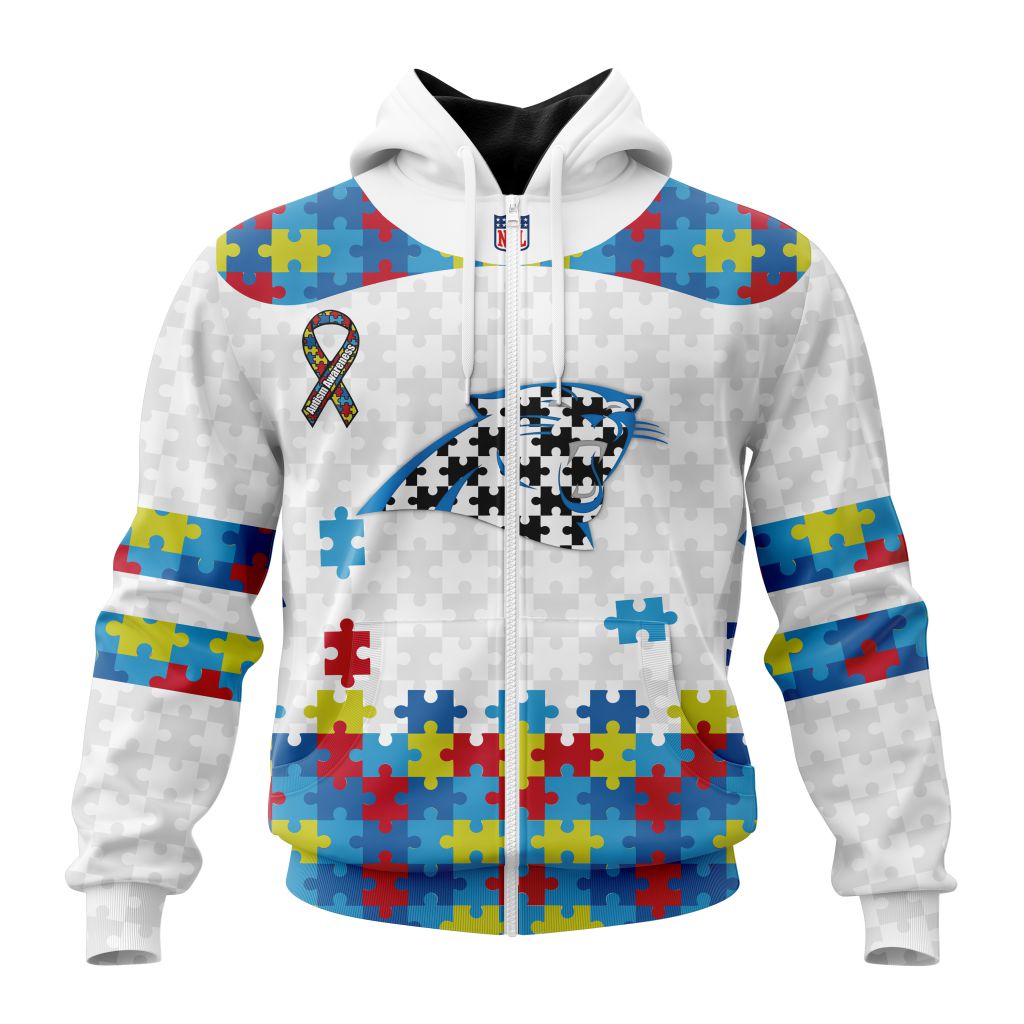 Nfl Carolina Panthers Custom Name Number Autism Awareness Zip Up Hoodie