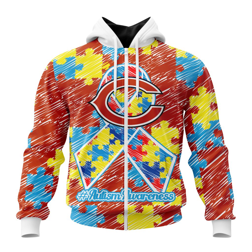 Nfl Chicago Bears Custom Name Number Puzzle Autism Awareness Zip Up Hoodie