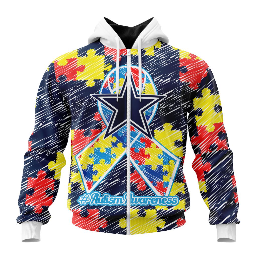 Nfl Dallas Cowboys Custom Name Number Puzzle Autism Awareness Zip Up Hoodie