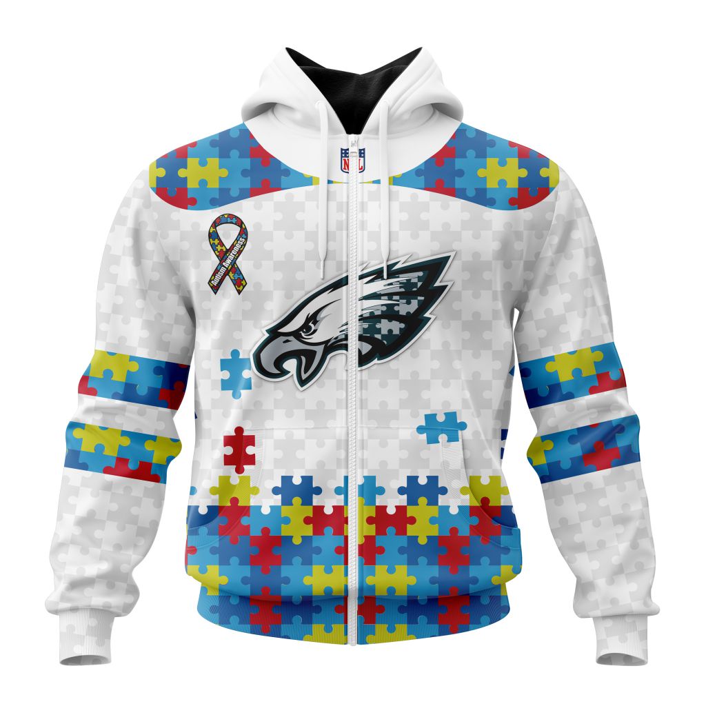 Nfl Philadelphia Eagles Custom Name Number Autism Awareness Zip Up Hoodie