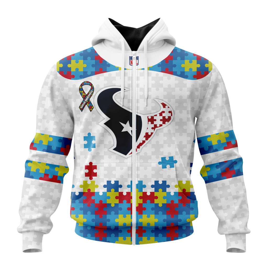 Nfl Houston Texans Custom Name Number Autism Awareness Zip Up Hoodie