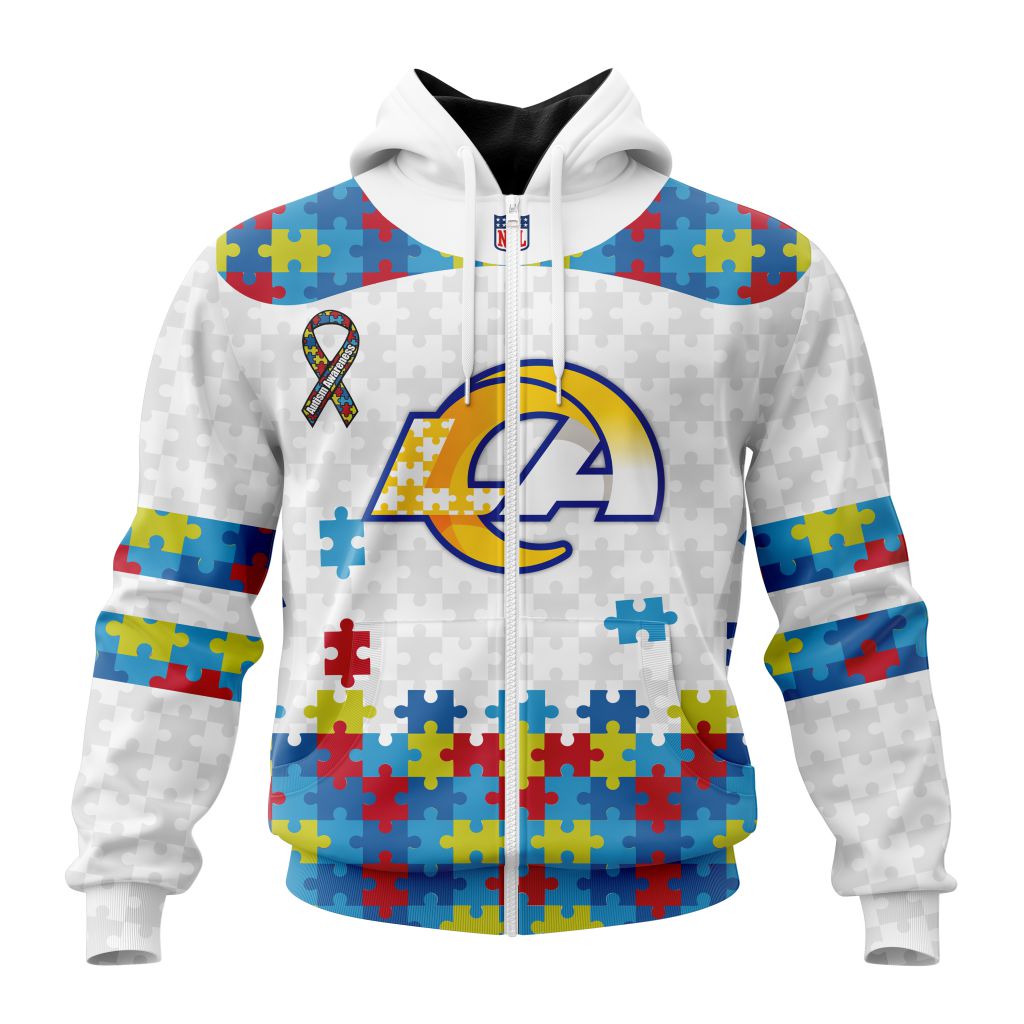 Nfl Los Angeles Rams Custom Name Number Autism Awareness Zip Up Hoodie