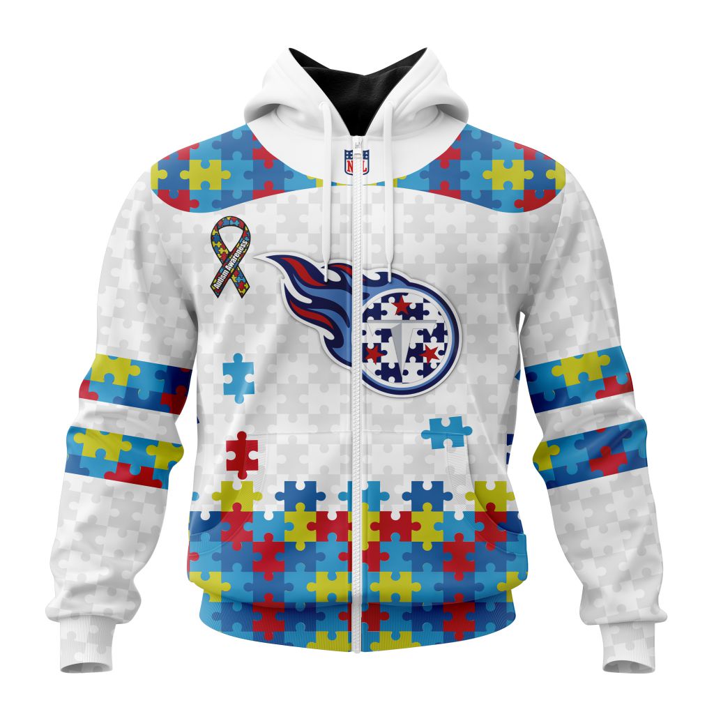 Nfl Tennessee Titans Custom Name Number Autism Awareness Zip Up Hoodie