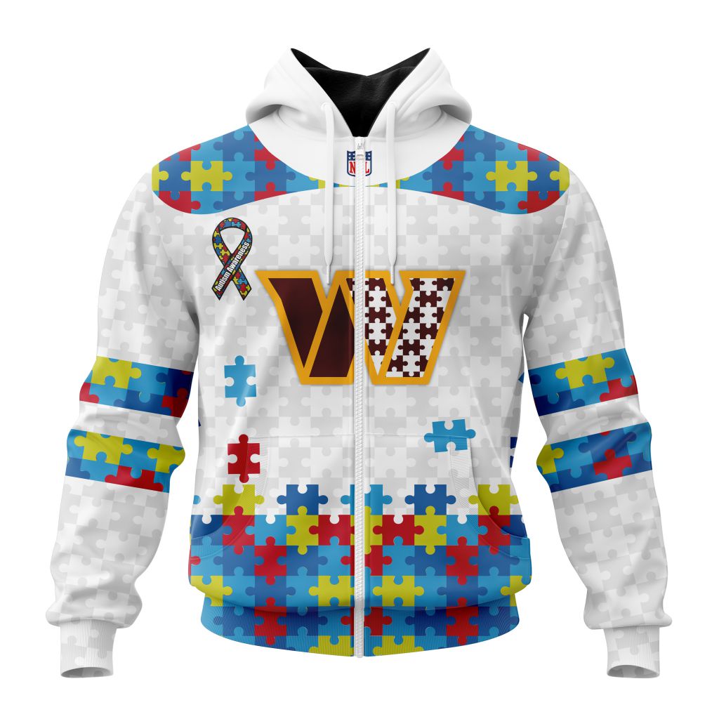 Nfl Washington Commanders Custom Name Number Autism Awareness Zip Up Hoodie