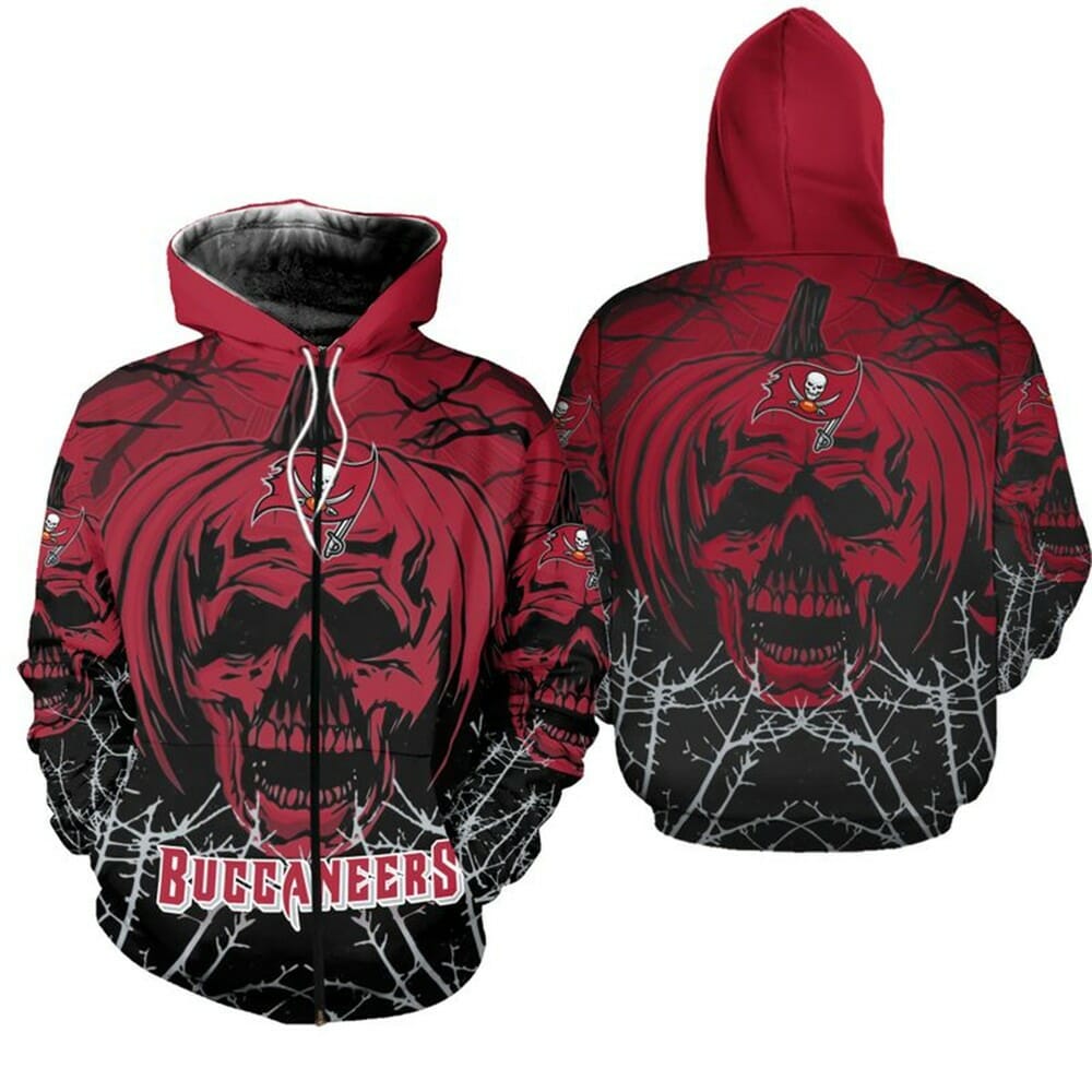 Nfl Tampa Bay Buccaneers Red Black Pumpkin Skull Zip Up Hoodie