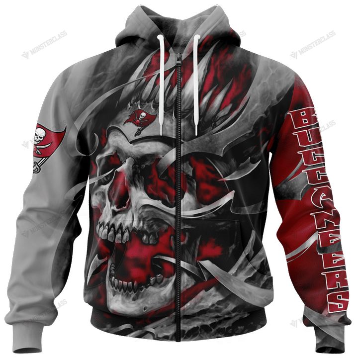 Nfl Tampa Bay Buccaneers Custom Name Number Grey Skull Red Zip Up Hoodie