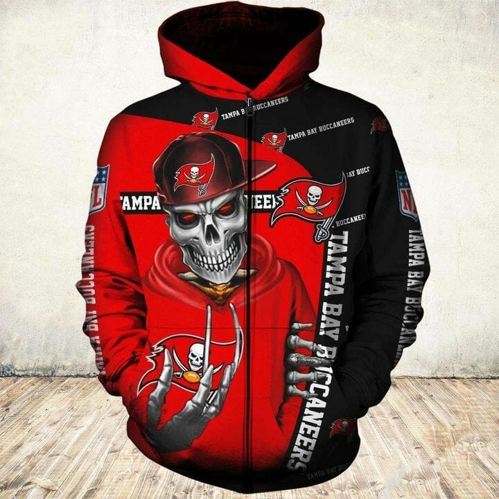Nfl Tampa Bay Buccaneers Skull Black Red Zip Up Hoodie For Fans