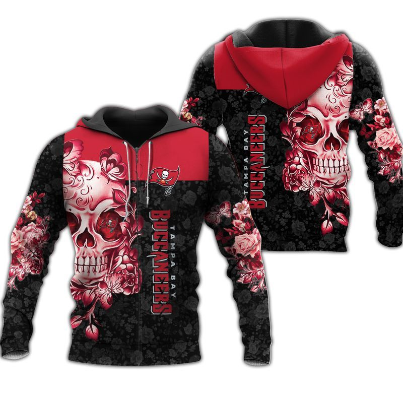 Nfl Tampa Bay Buccaneers Black Red Skull Flowers Zip Up Hoodie