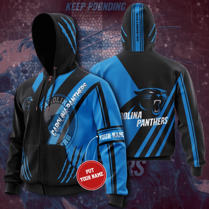 Nfl Carolina Panthers Custom Name Black Blue Zip Up Hoodie For Sport Fans