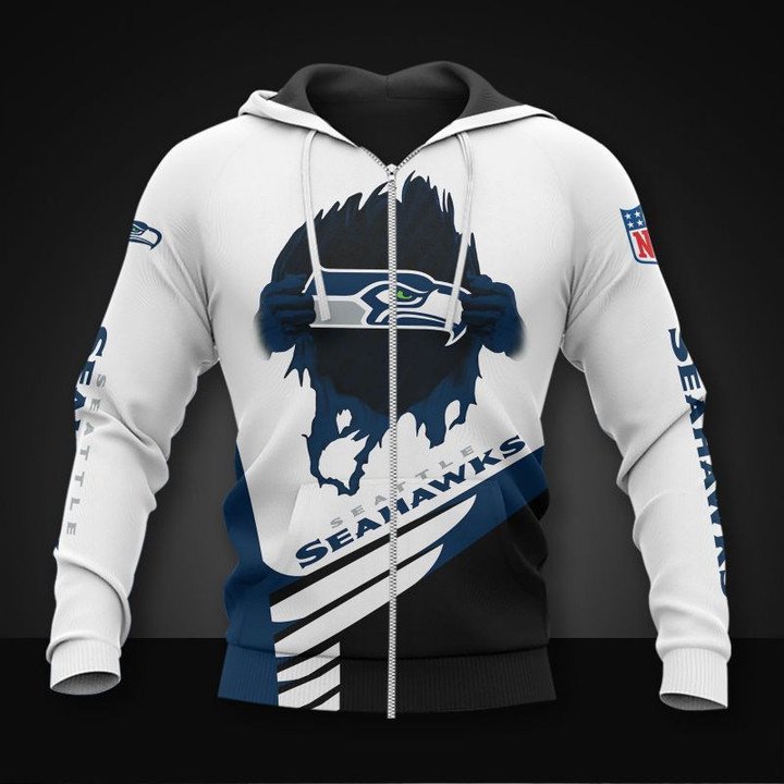 Nfl Seattle Seahawks White Navy Zip Up Hoodie