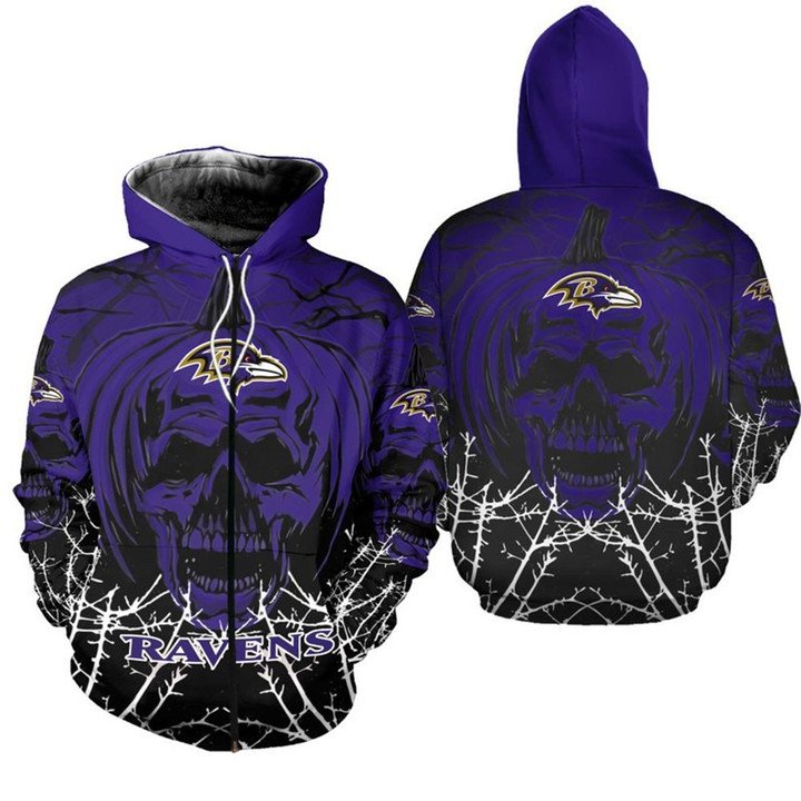 Nfl Baltimore Ravens Purple Skull Halloween Zip Up Hoodie