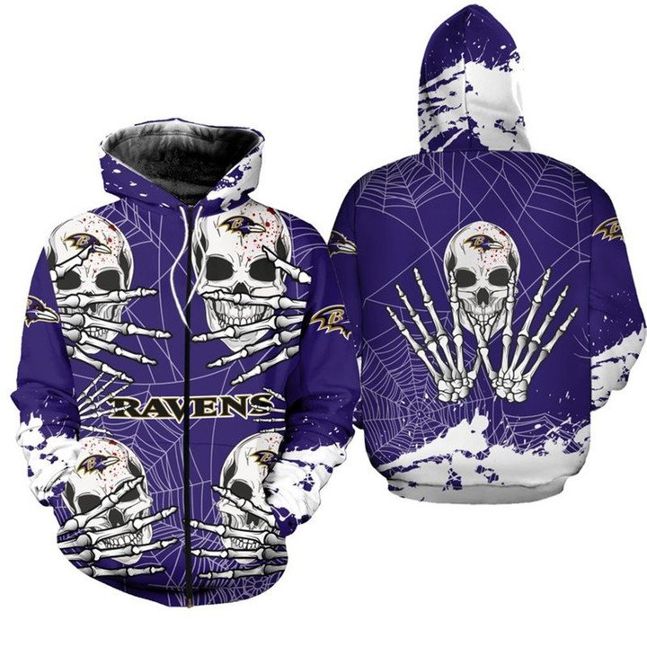 Nfl Baltimore Ravens Purple Halloween Skull Zip Up Hoodie