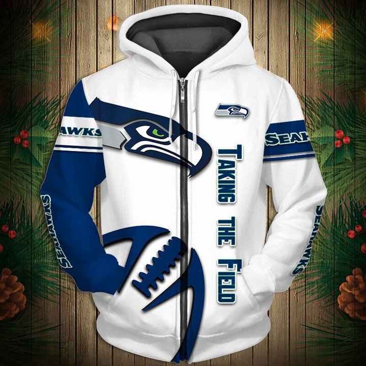 Nfl Seattle Seahawks White Navy Zip Up Hoodie For Fans