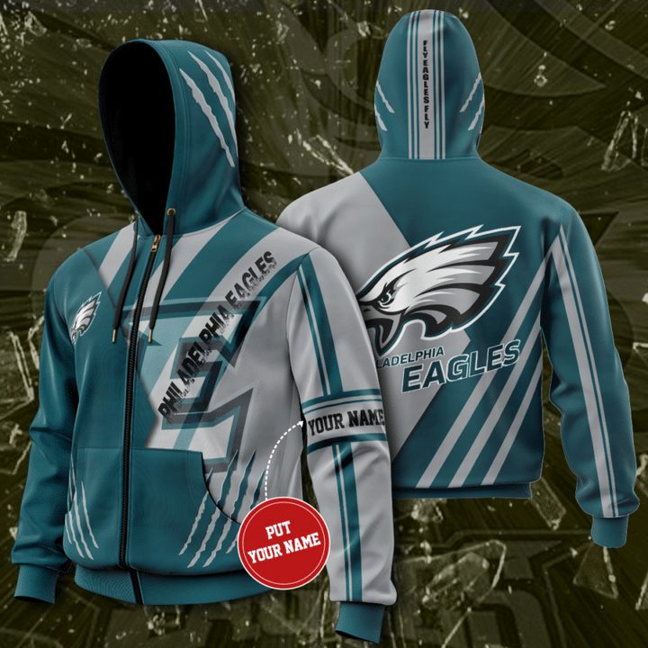 Nfl Philadelphia Eagles Custom Name Green Grey Zip Up Hoodie