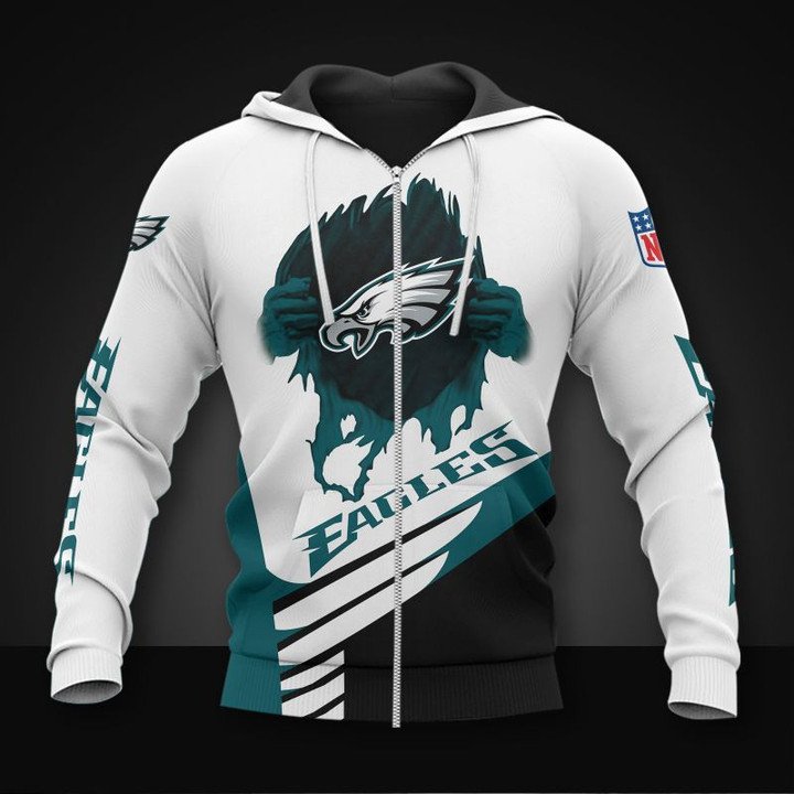 Nfl Philadelphia Eagles White Green Logo Zip Up Hoodie