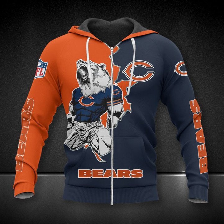 Nfl Chicago Bears Orange Dark Blue Perfect Design Zip Up Hoodie