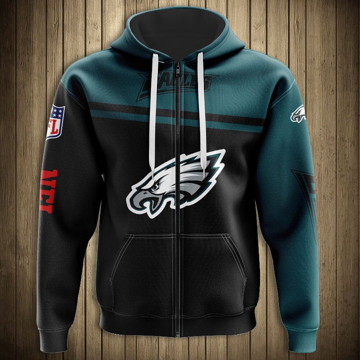 Nfl Philadelphia Eagles Black Green Skull Zip Up Hoodie