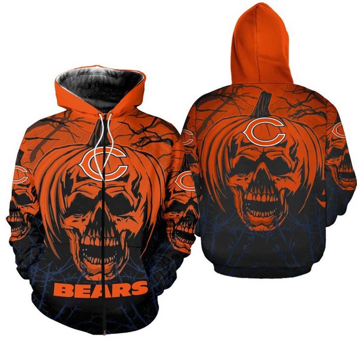 Nfl Chicago Bears Halloween Pumpkin Skull Zip Up Hoodie