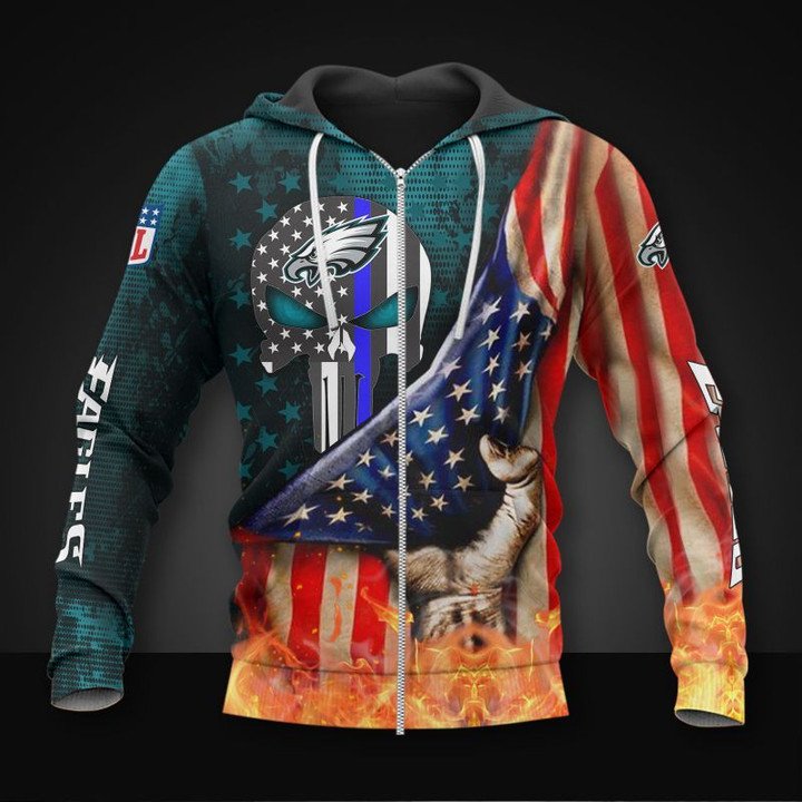 Nfl Philadelphia Eagles American Flag Punisher Skull Zip Up Hoodie For Fans