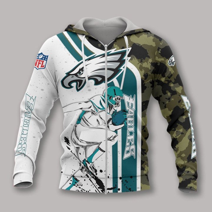 Nfl Philadelphia Eagles White Green Camo Zip Up Hoodie