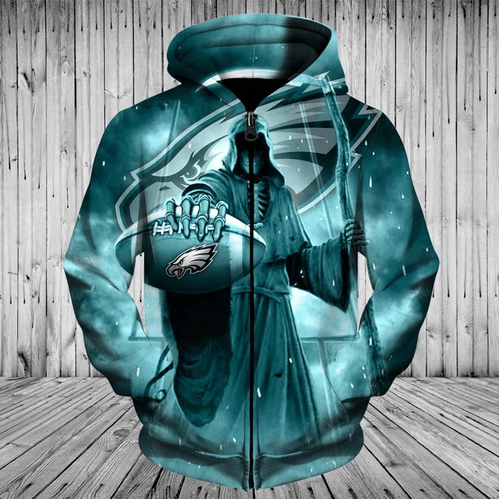 Nfl Philadelphia Eagles Death Skull Zip Up Hoodie
