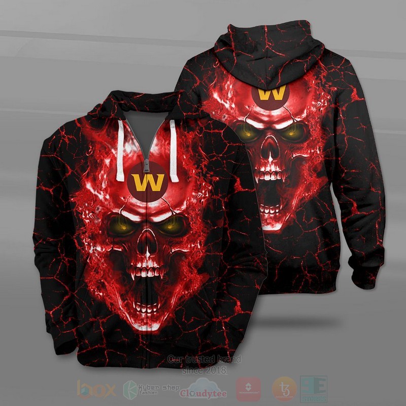 Nfl Washington Commanders Red Skull Fire Zip Up Hoodie