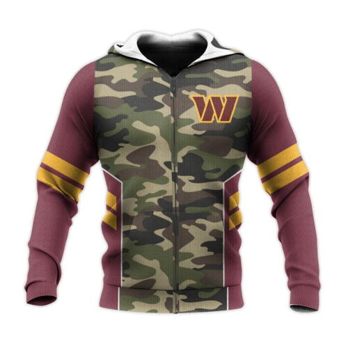 Nfl Washington Commanders Brown Yellow Stripes Camo Zip Up Hoodie
