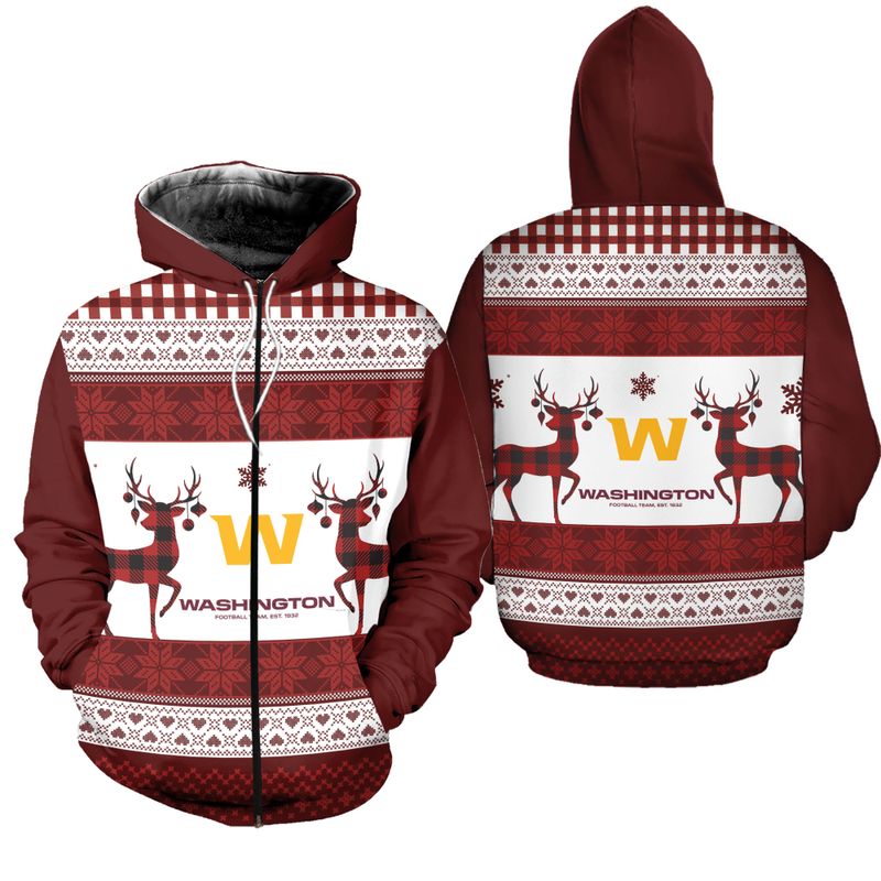 Nfl Washington Commanders Reindeer Christmas Brown White Zip Up Hoodie