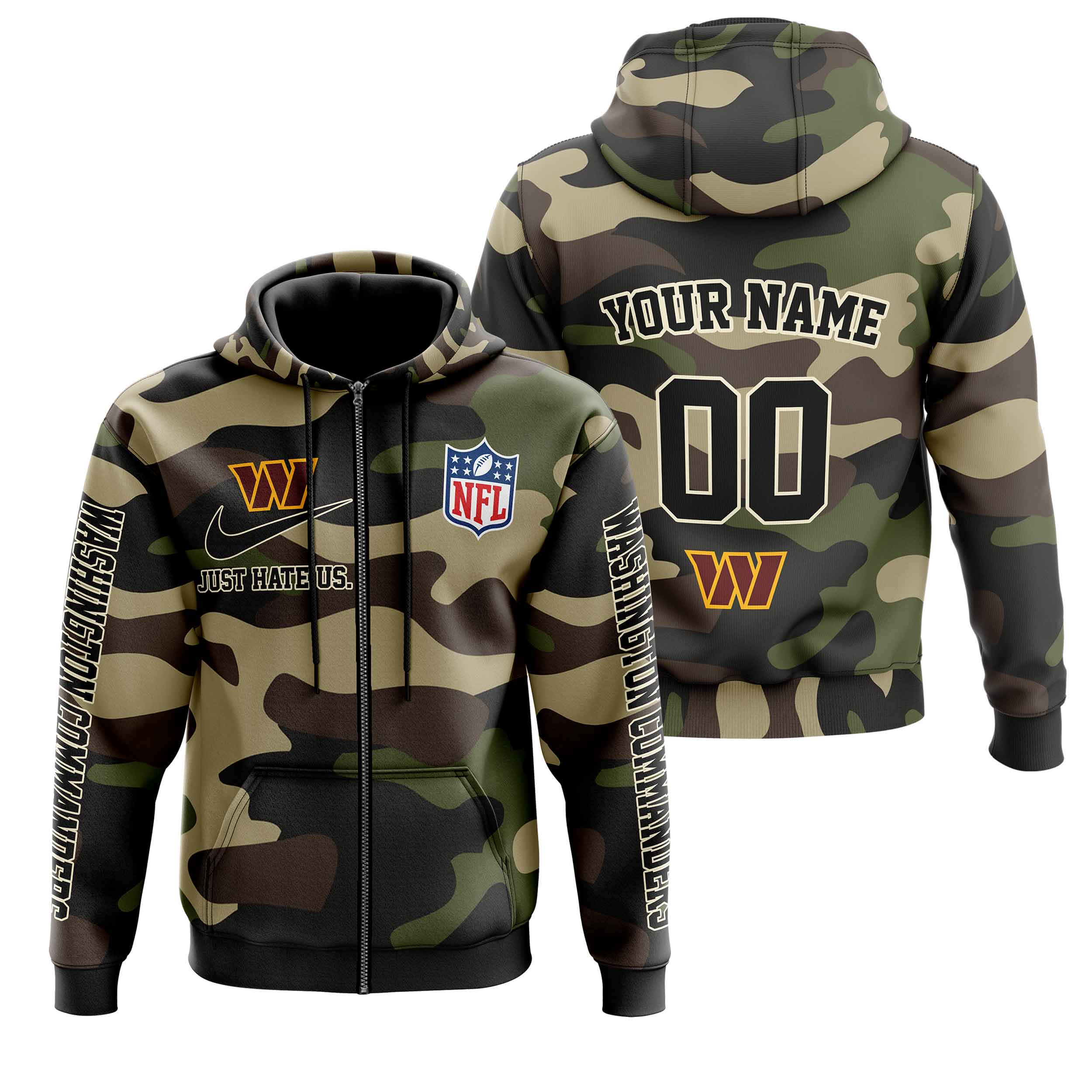 Nfl Washington Commanders Custom Name Number Camo Style Zip Up Hoodie