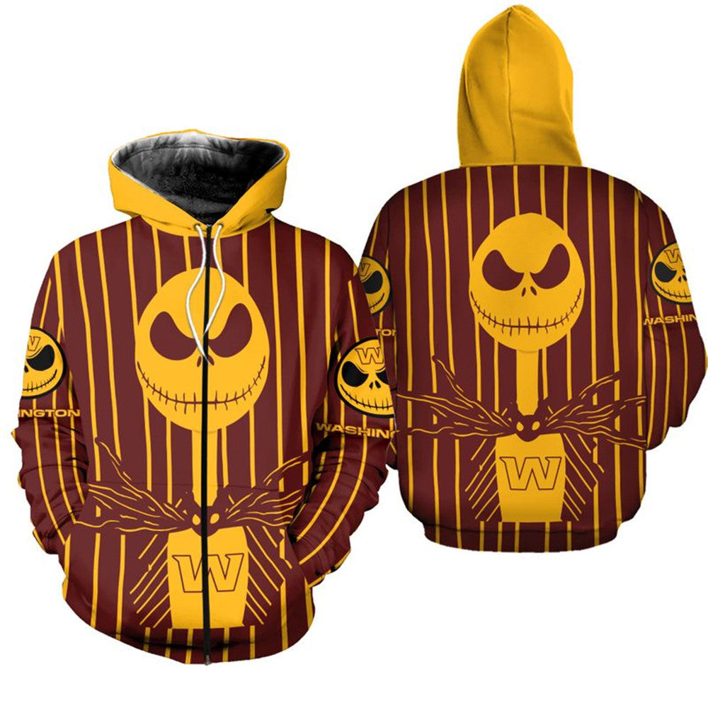 Nfl Washington Commanders Red Yellow Halloween Jack Skellington Zip Up Hoodie