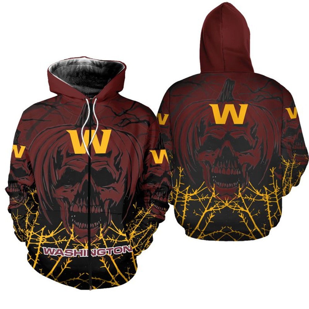 Nfl Washington Commanders Red Skull Pumpkin Zip Up Hoodie