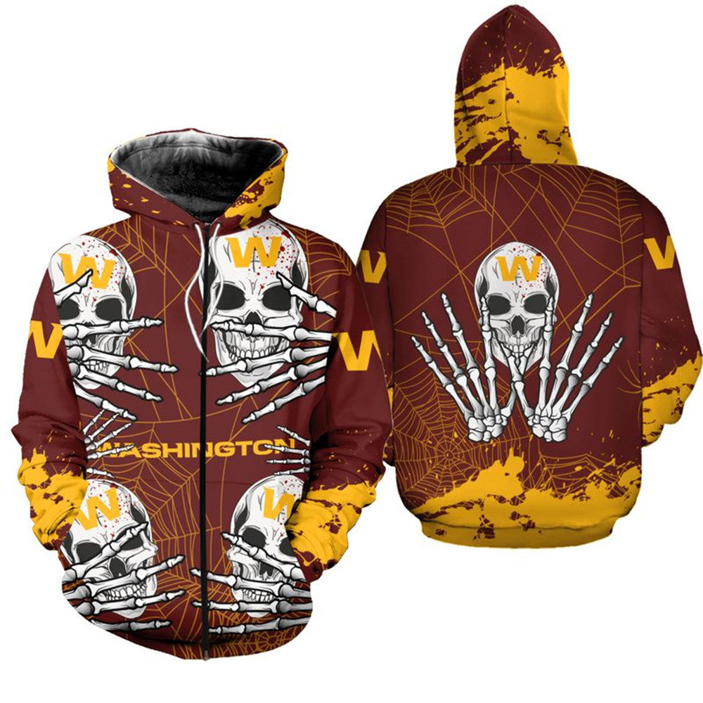 Nfl Washington Commanders Brown Yellow Skull Fashion Zip Up Hoodie