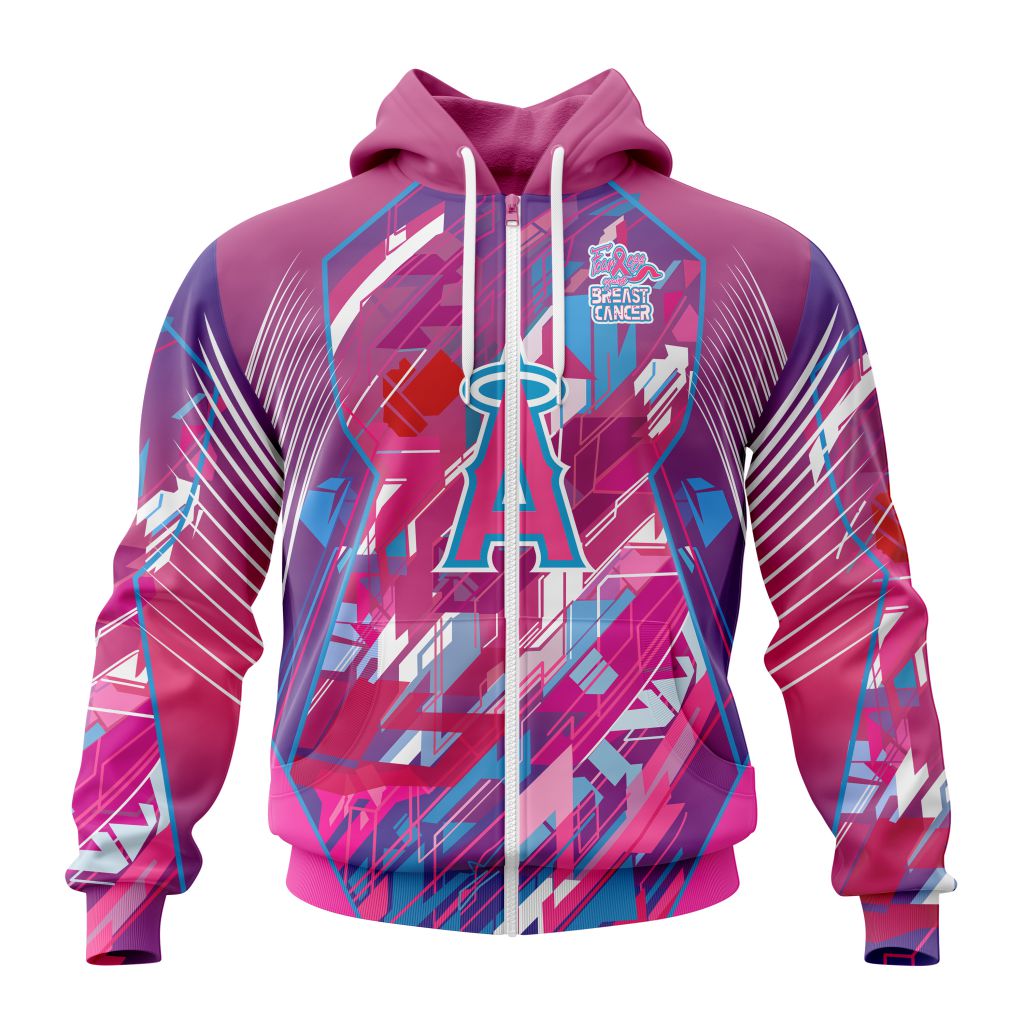 Mlb Los Angeles Angels Of Anaheim Specialized Design I Pink I Can Fearless Again Breast Cancer Zip Hoodie