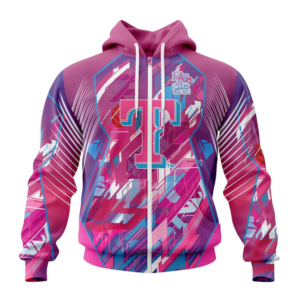 Mlb Texas Rangers Specialized Design I Pink I Can Fearless Again Breast Cancer Zip Hoodie
