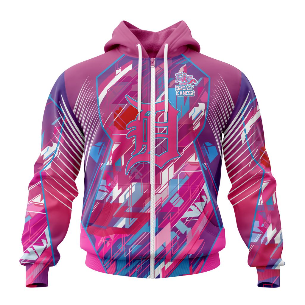 Mlb Detroit Tigers Specialized Design I Pink I Can Fearless Again Breast Cancer Zip Hoodie