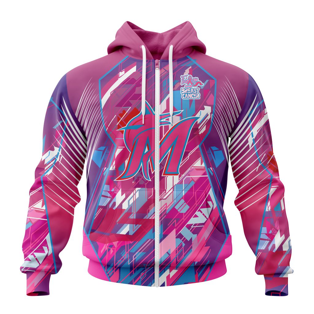Mlb Miami Marlins Specialized Design I Pink I Can Fearless Again Breast Cancer Zip Hoodie