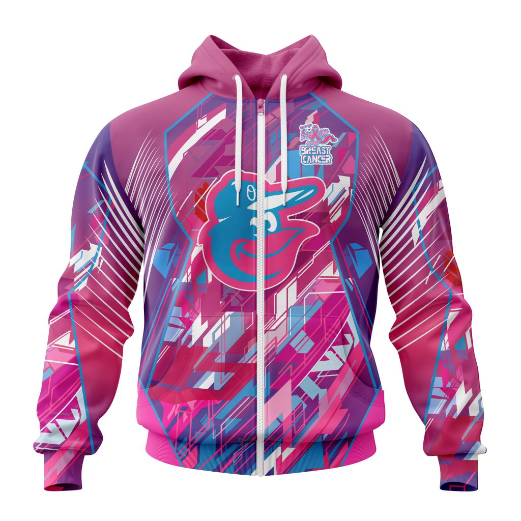 Mlb Baltimore Orioles Specialized Design I Pink I Can Fearless Again Breast Cancer Zip Hoodie