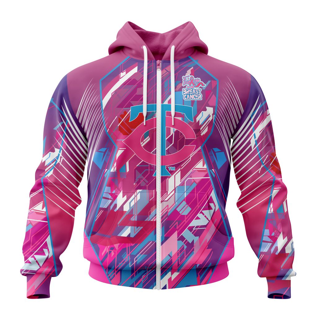 Mlb Minnesota Twins Specialized Design I Pink I Can Fearless Again Breast Cancer Zip Hoodie
