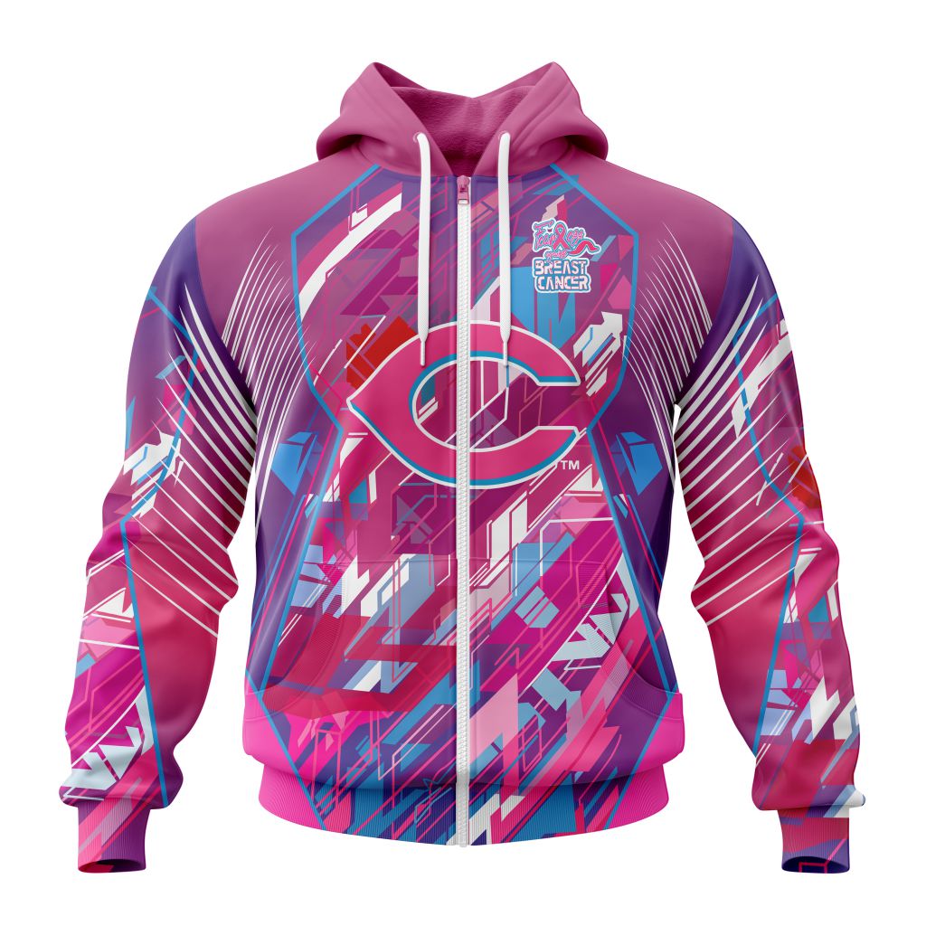 Mlb Cincinnati Reds Specialized Design I Pink I Can Fearless Again Breast Cancer Zip Hoodie