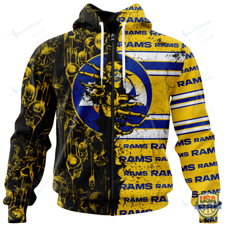 Nfl Los Angeles Rams Custom Name Number Black Yellow Skull Zip Up Hoodie