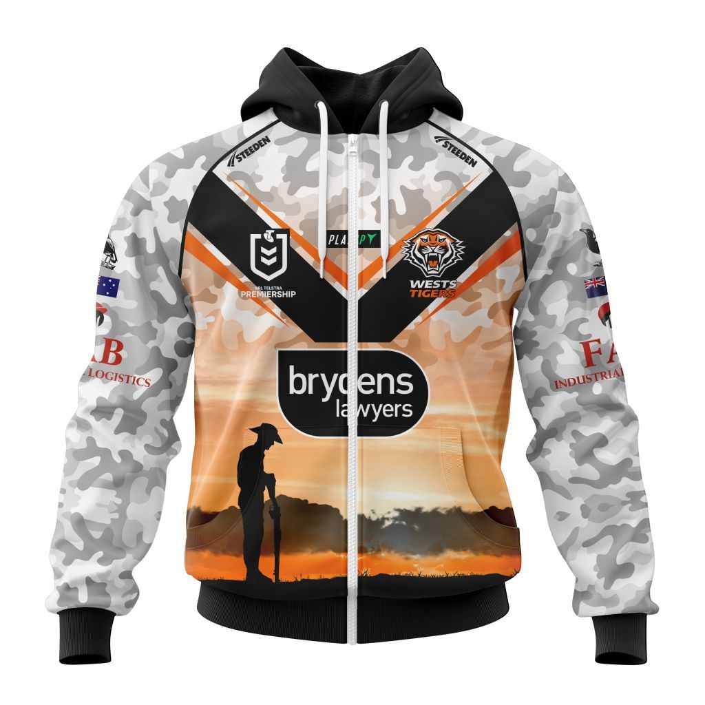 Nrl Wests Tigers Custom Name Number Anzac Day Jersey Zip Up Hoodie